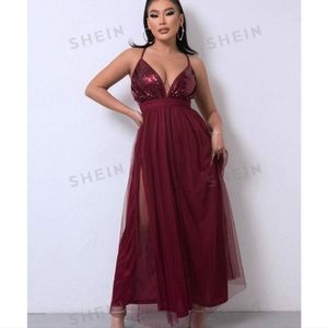Shein Cross Back Deep V Sequin Tulle Dress Burgundy Medium Size 6